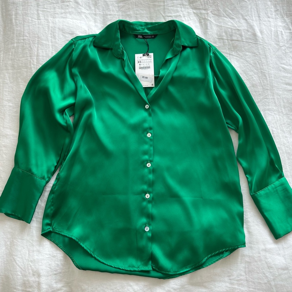 Zara Green Satin Button Down Blouse - NWT